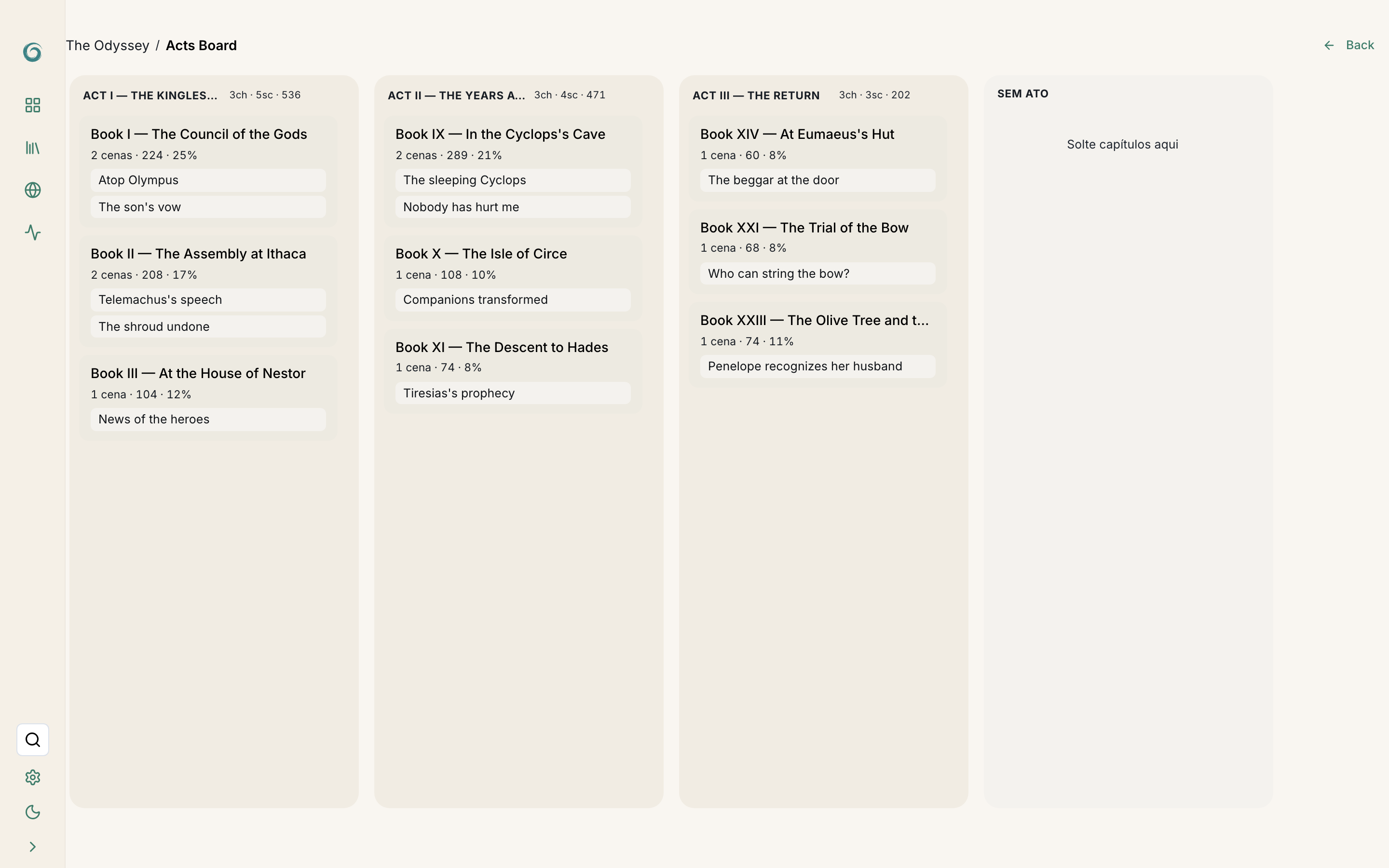 Acts Board with columns to drag chapters and reorder scenes