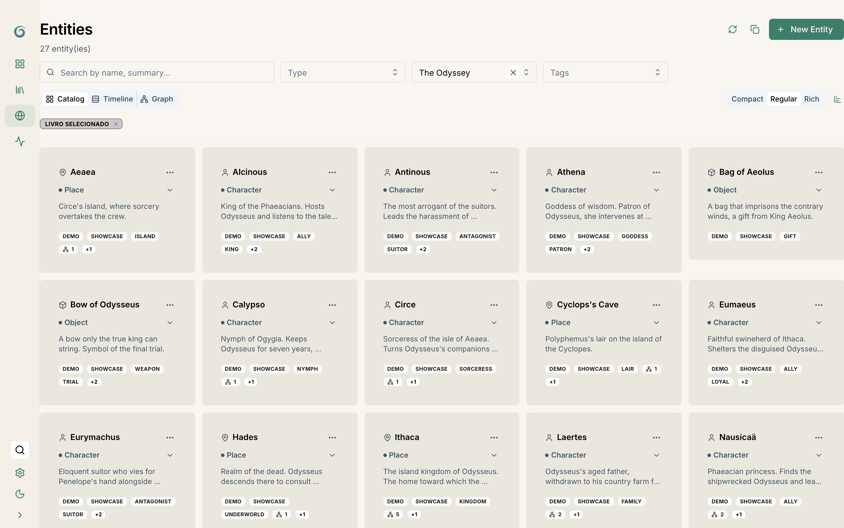 Catalog with filters, cards, and tags