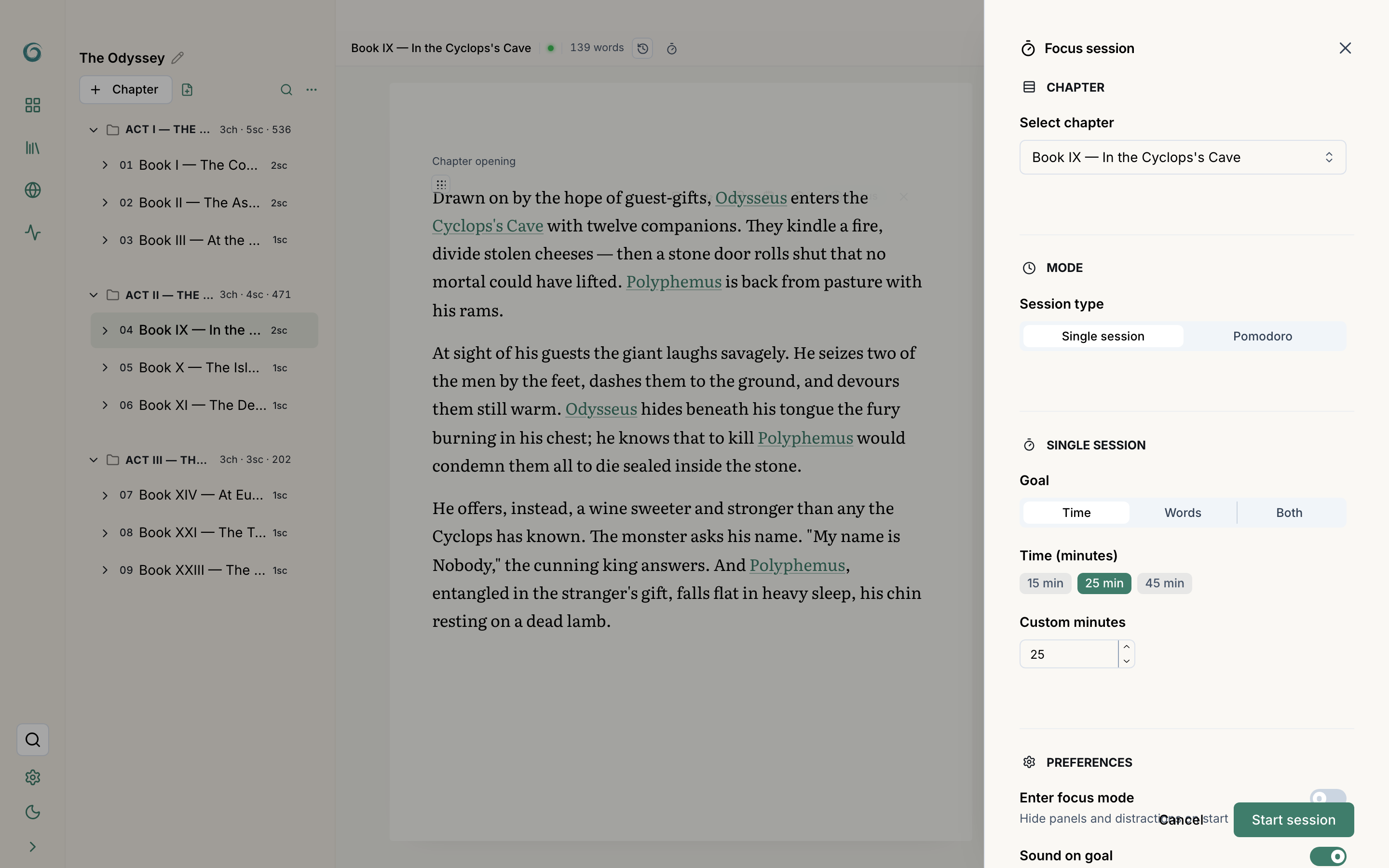 Focus start dialog: type, minutes, and/or words
