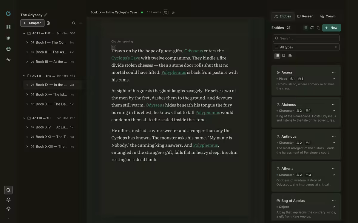 Inkthar editor showing chapters and a focused scene