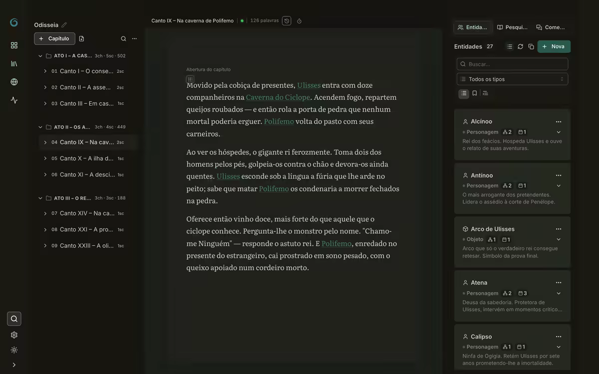 Editor do Inkthar com capítulos e cena em modo de foco