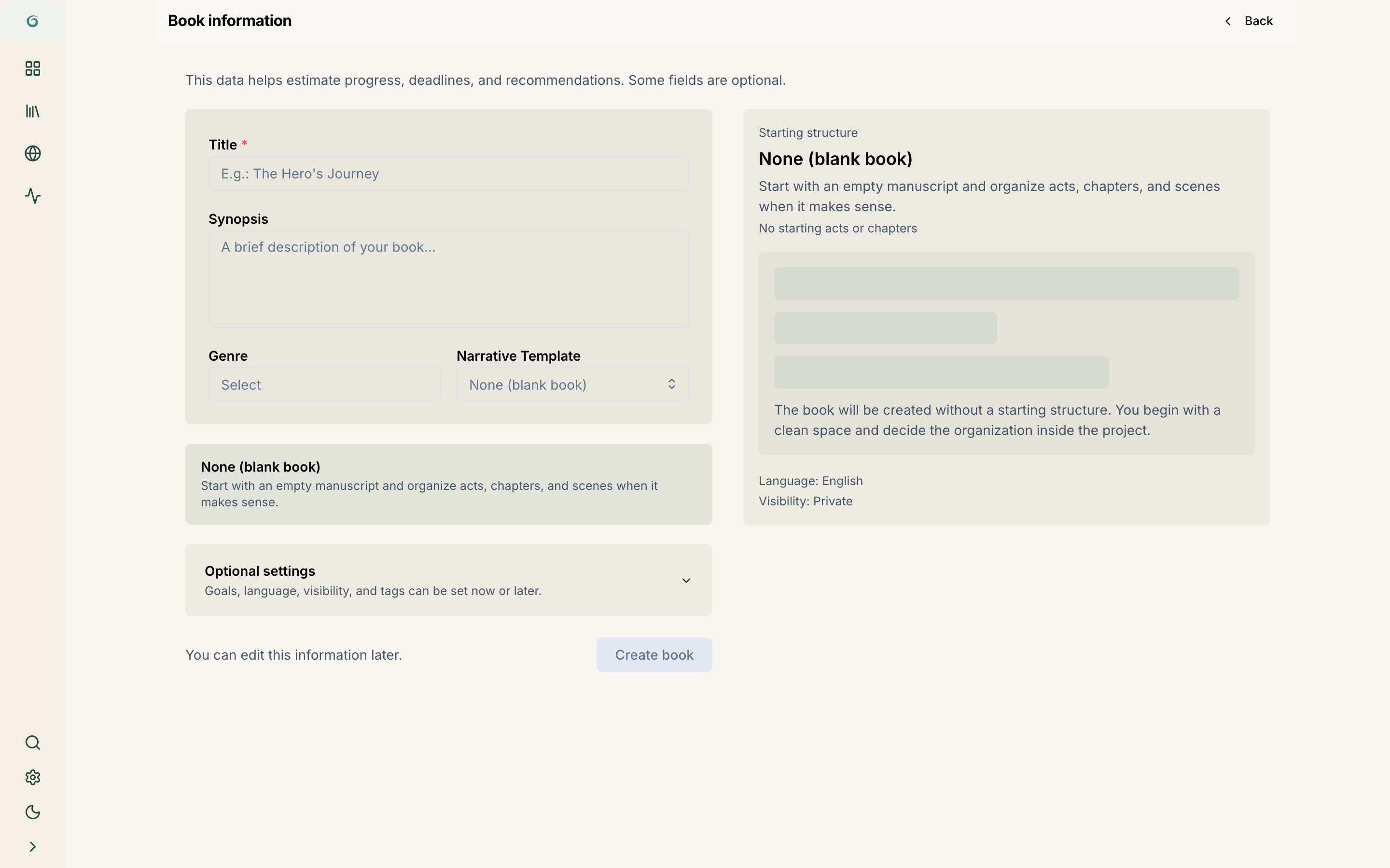Book creation form