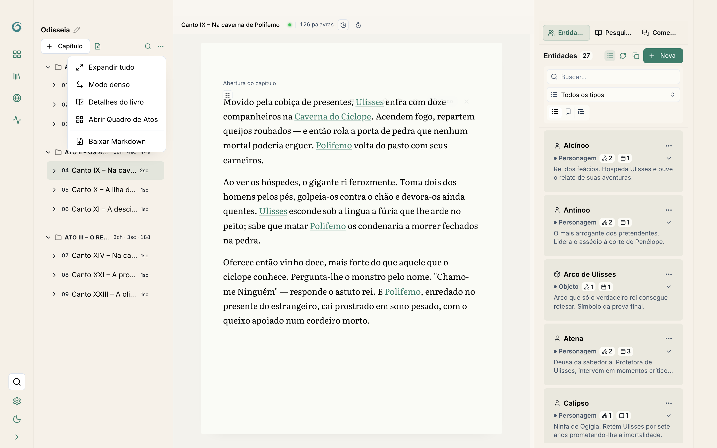 Painel de pesquisa com IA mostrando contexto, categorias e resultados prontos para seleção