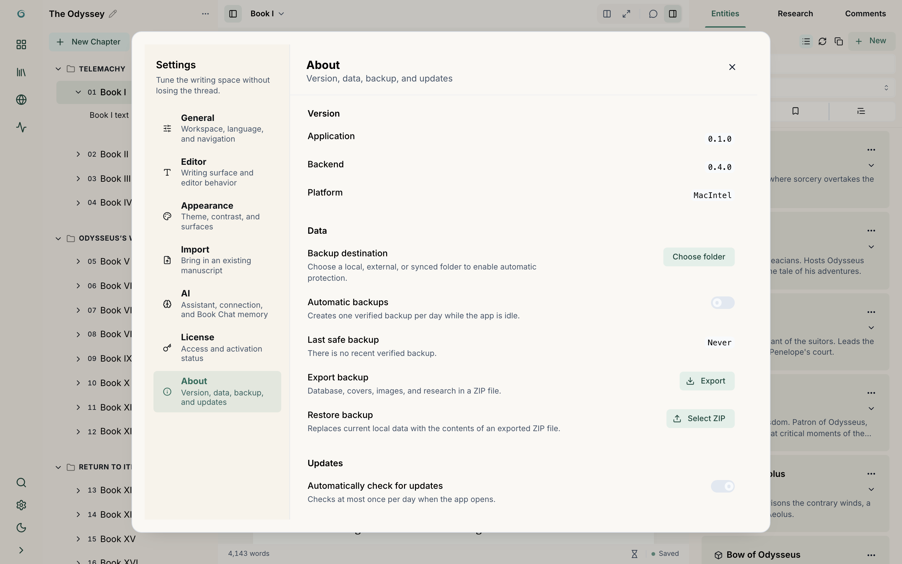 Backup section with actions to export, restore, and review application preferences