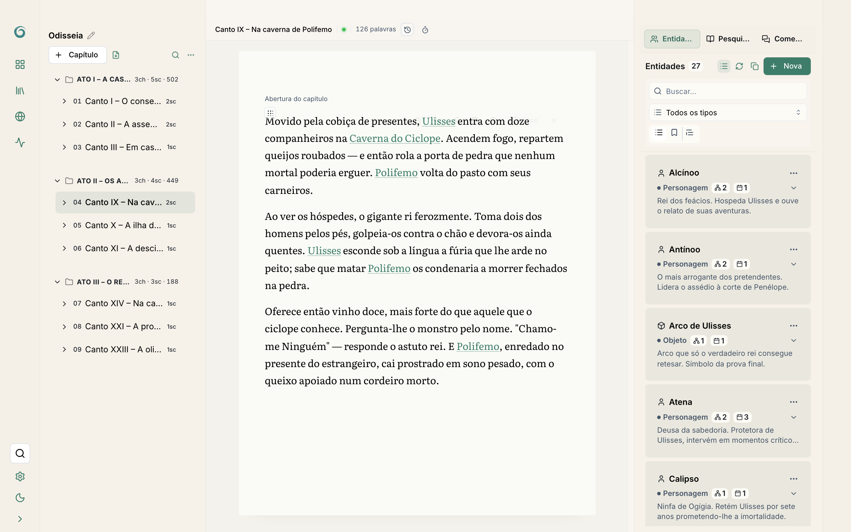 Teclas de atalho no editor e arrastar/soltar no TOC