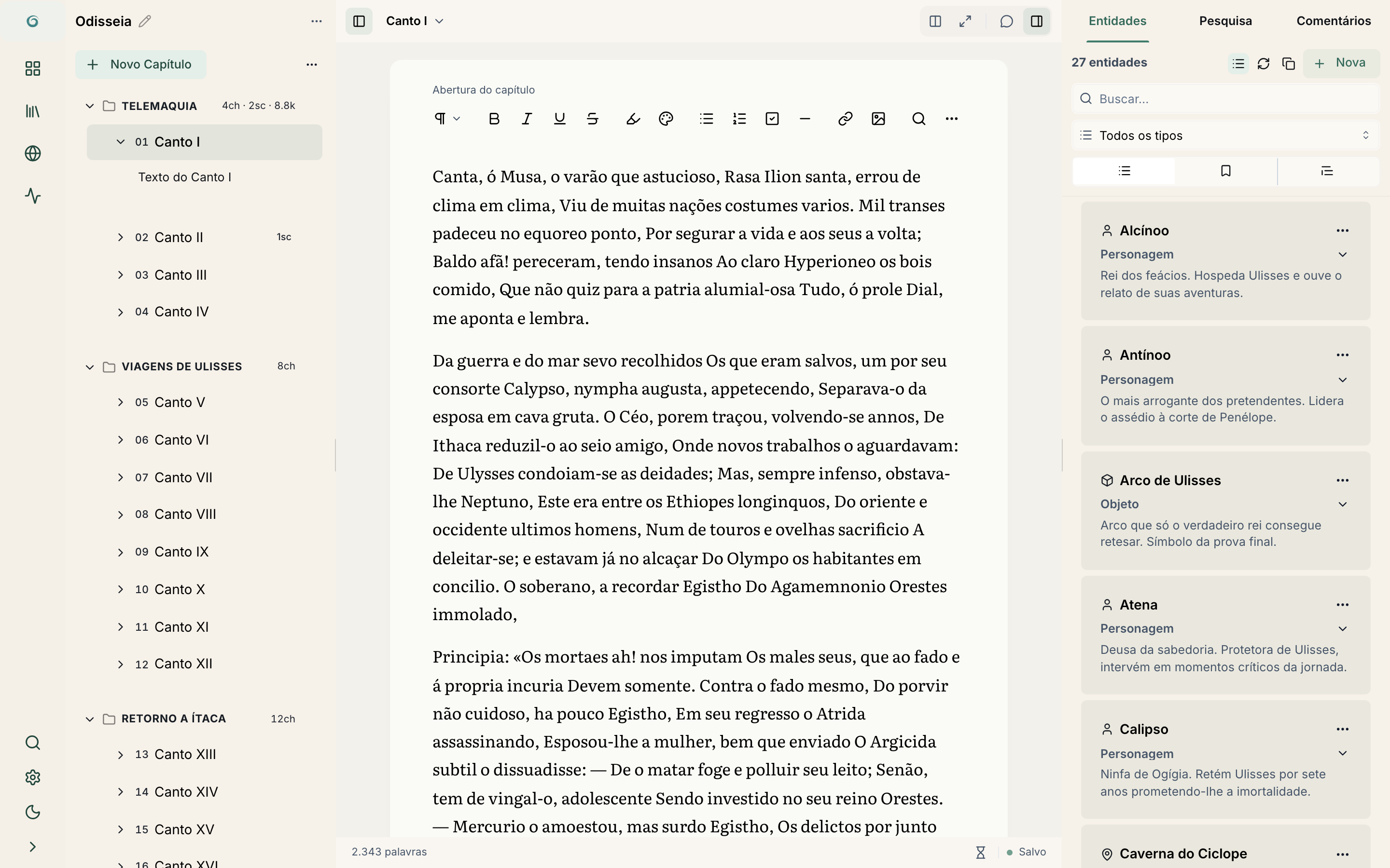 Teclas de atalho no editor e arrastar/soltar no TOC