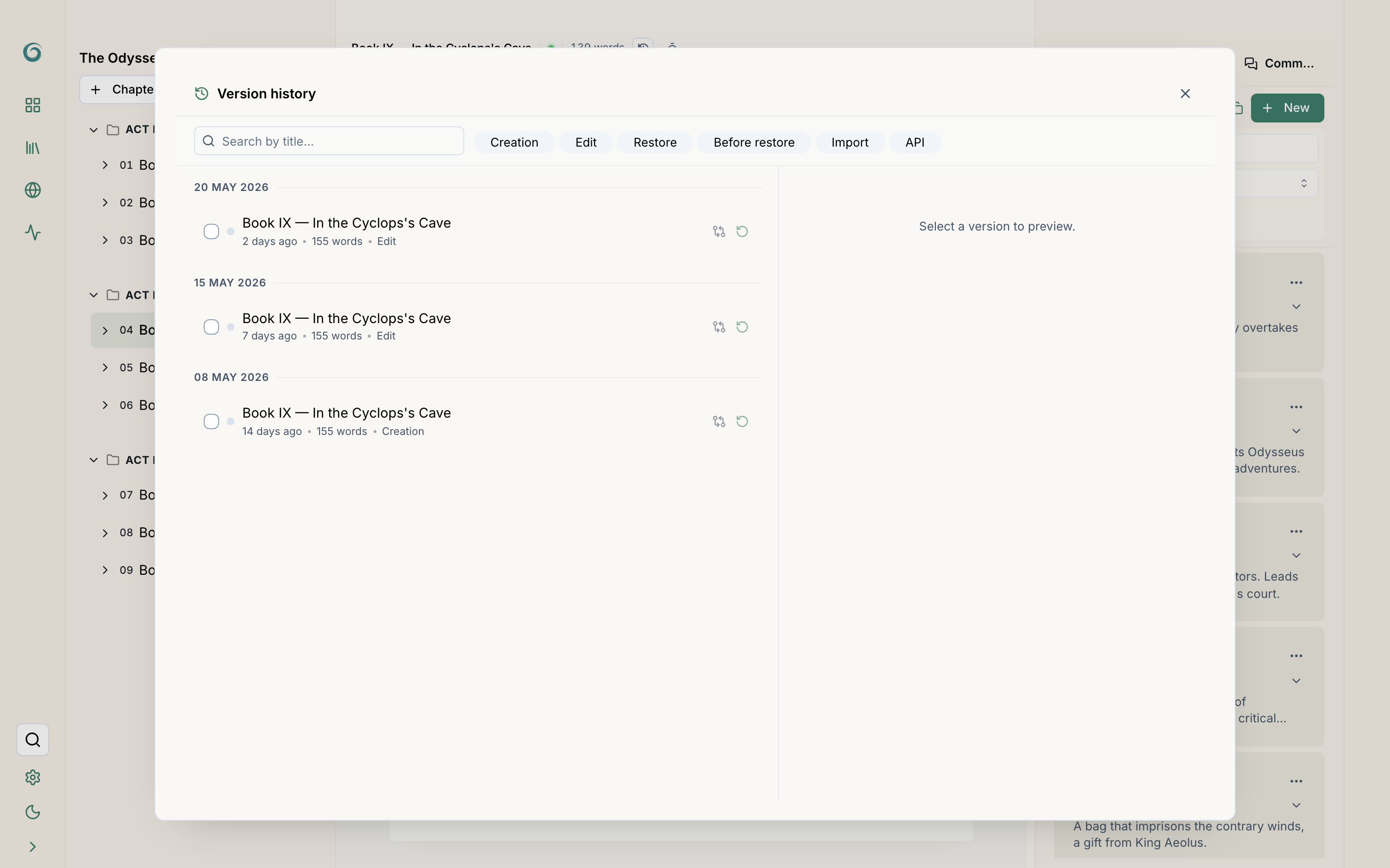 Versions screen with side-by-side diff and Restore button
