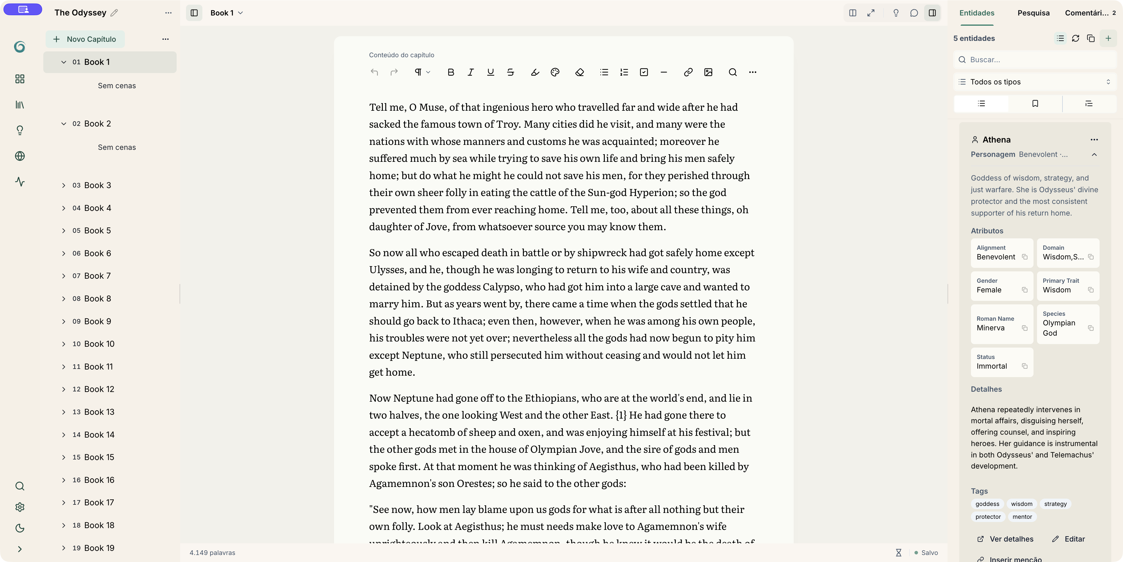 Editor da Odisseia com capítulos e ferramentas de escrita.